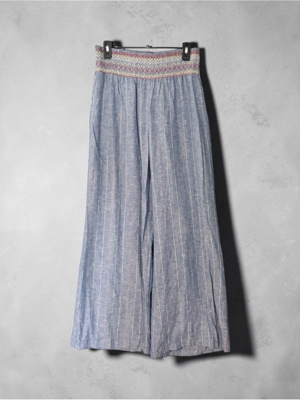 New Indigo Rein Smocked High Rise Linen Blend Wide Leg Pants Women's Small Blue